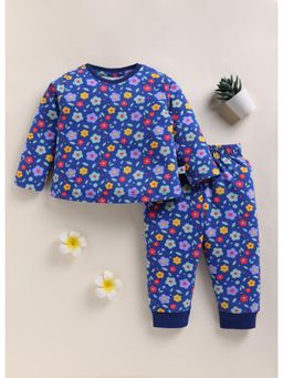 Bumzee - Girls Navy Blue Cotton Floral T-Shirt with Pyjama
