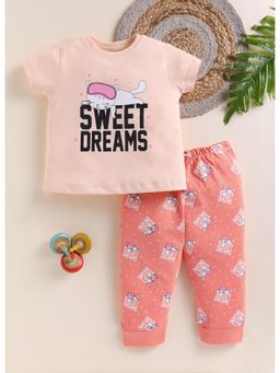 Bumzee - Girls Peach Cotton Printed T-Shirt with Pyjama