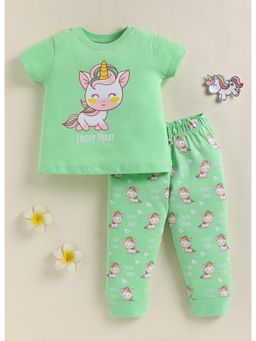 Bumzee - Girls Green Cotton Printed T-Shirt with Pyjama