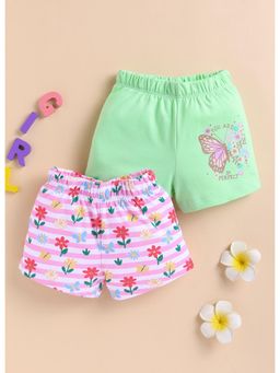 Bumzee - Girls Green Cotton Floral Shorts (Pack of 2)