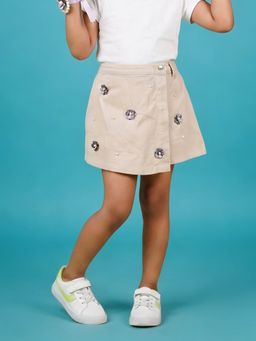 KiddoPanti - Girls Beige Cotton Embellished/Sequined Skorts