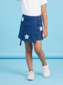 KiddoPanti - Girls Blue Denim Embellished/Sequined Skorts