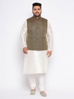 Vastramay - Men Cream Silk Blend Jacket with Kurta & Churidar (Set of 3)
