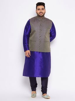 Vastramay - Men Navy Blue Silk Blend Jacket with Kurta & Churidar (Set of 3)