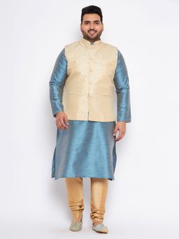 Vastramay - Men Aqua Blue Silk Blend Nehru Jacket with Kurta & Churidar (Set of 3)