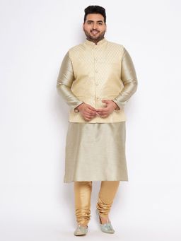 Vastramay - Men Green Silk Blend Nehru Jacket with Kurta & Churidar (Set of 3)