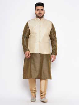 Vastramay - Men Olive Silk Blend Nehru Jacket with Kurta & Churidar (Set of 3)