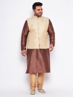 Vastramay - Men Maroon Silk Blend Nehru Jacket with Kurta & Churidar (Set of 3)