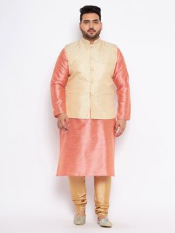 Vastramay - Men Pink Silk Blend Nehru Jacket with Kurta & Churidar (Set of 3)