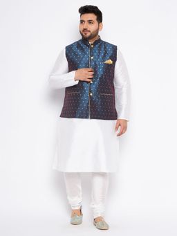 Vastramay - Men White Silk Blend Nehru Jacket with Kurta & Churidar (Set of 3)