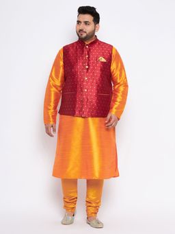 Vastramay - Men Orange Silk Blend Nehru Jacket with Kurta & Churidar (Set of 3)