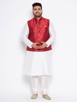 Vastramay - Men White Silk Blend Nehru Jacket with Kurta & Churidar (Set of 3)