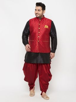 Vastramay - Men Black & Maroon Silk Blend Nehru Jacket with Kurta & Dhoti (Set of 3)