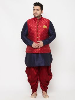 Vastramay - Men Navy Blue & Maroon Silk Blend Nehru Jacket with Kurta & Dhoti (Set of 3)