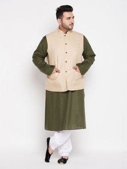 Vastramay - Men Mehendi Green Cotton Blend Nehru Jacket with Kurta & Churidar (Set of 3)