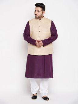 Vastramay - Men Purple & Beige Cotton Blend Nehru Jacket with Kurta & Churidar (Set of 3)