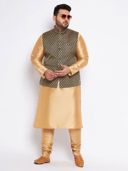 Vastramay - Men Gold Silk Blend Jacket with Kurta & Churidar (Set of 3)