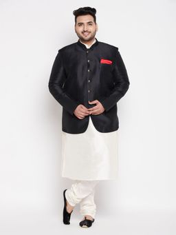 Vastramay - Men Cream and Black Silk Blend Ethnic Jodhpuri with Kurta & Churidar (Set of 3)
