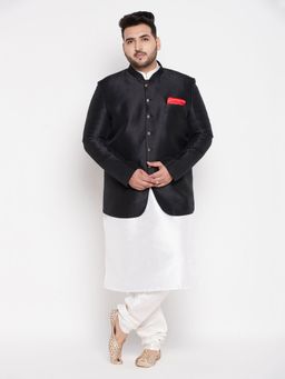 Vastramay - Men White and Black Silk Blend Ethnic Jodhpuri with Kurta & Churidar (Set of 3)