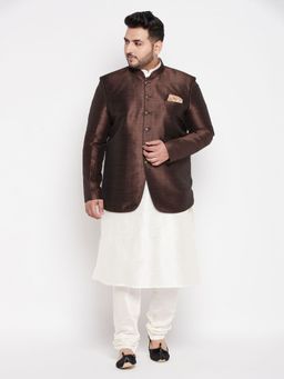Vastramay - Men Cream and Coffee Brown Ethnic Jodhpuri with Kurta & Churidar (Set of 3)