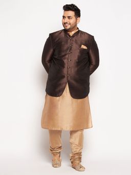 Vastramay - Men Coffee Brown and Rose Gold Ethnic Jodhpuri with Kurta & Churidar (Set of 3)