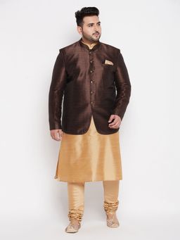 Vastramay - Men Gold and Coffee Silk Blend Ethnic Jodhpuri with Kurta & Churidar (Set of 3)