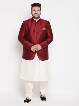 Vastramay - Men Cream and Maroon Silk Blend Ethnic Jodhpuri with Kurta & Churidar (Set of 3)