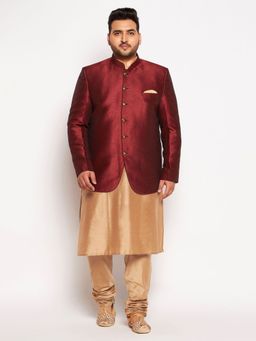 Vastramay - Men Maroon and Rose Gold Ethnic Jodhpuri with Kurta & Churidar (Set of 3)