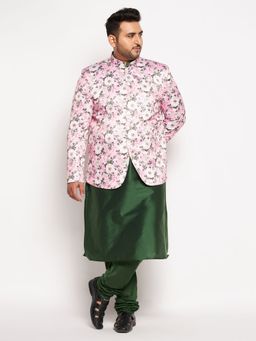 Vastramay - Men Pink and Green Ethnic Jodhpuri Jacket with Kurta & Churidar (Set of 3)