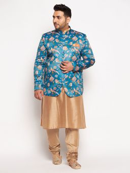 Vastramay - Men Turquoise and Gold Ethnic Jodhpuri Jacket with Kurta & Churidar (Set of 3)