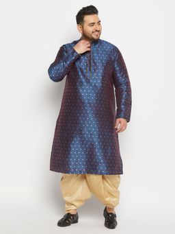 Vastramay - Men Blue and Gold Silk Blend Kurta with Dhoti (Set of 2)