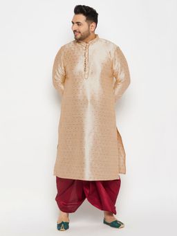 Vastramay - Men Beige and Maroon Silk Blend Kurta with Dhoti (Set of 2)