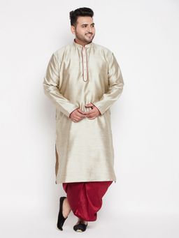 Vastramay - Men Beige & Maroon Silk Blend Kurta with Dhoti (Set of 2)