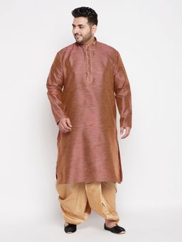 Vastramay - Men Maroon & Rose Gold Silk Blend Kurta with Dhoti (Set of 2)