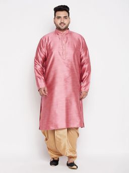 Vastramay - Men Pink & Rose Gold Silk Blend Kurta with Dhoti (Set of 2)