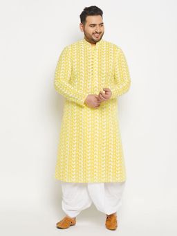Vastramay - Men Mustard & White Pure Cotton Kurta with Dhoti (Set of 2)