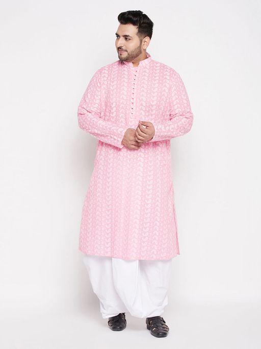 Vastramay Men Pink & White Pure Cotton Kurta with Dhoti (Set of 2)