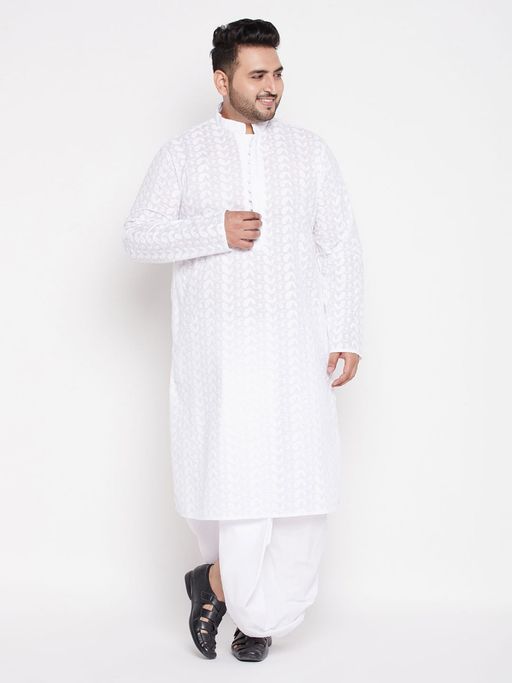 Vastramay Men White Pure Cotton Kurta with Dhoti (Set of 2)