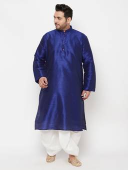 Vastramay - Men Blue & White Silk Blend Kurta with Dhoti (Set of 2)
