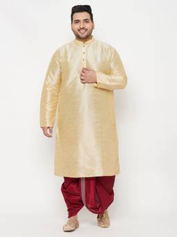 Vastramay - Men Gold and Maroon Silk Blend Solid Kurta with Dhoti (Set of 2)