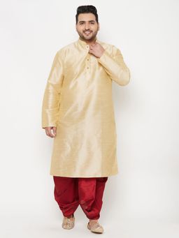 Vastramay - Men Gold & Maroon Silk Blend Kurta with Dhoti (Set of 2)