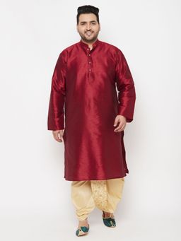 Vastramay - Men Maroon and Gold Silk Blend Solid Kurta with Embroidered Dhoti (Set of 2)