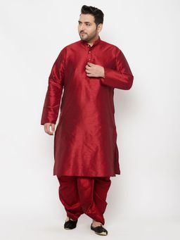 Vastramay - Men Maroon Silk Blend Kurta with Dhoti (Set of 2)