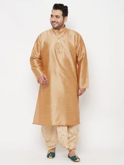 Vastramay - Men Gold Silk Blend Solid Kurta with Embroidered Dhoti (Set of 2)