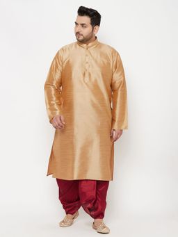 Vastramay - Men Rose Gold & Maroon Silk Blend Kurta with Dhoti (Set of 2)