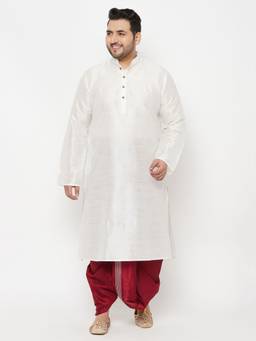 Vastramay - Men White and Maroon Silk Blend Solid Kurta with Dhoti (Set of 2)