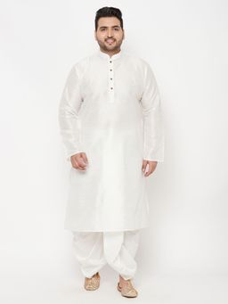 Vastramay - Men White Silk Blend Kurta with Dhoti (Set of 2)