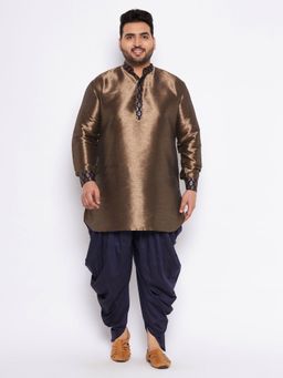 Vastramay - Men Bronze & Navy Blue Silk Blend Kurta with Dhoti (Set of 2)