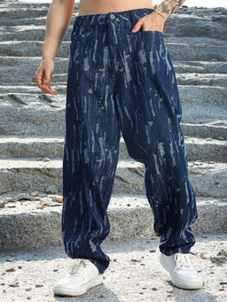 Campus Sutra - Mens Navy Blue Textured Baggy Denim Jeans