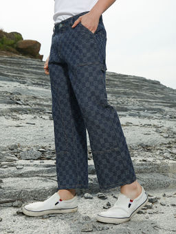 Campus Sutra - Mens Navy Blue Checks Baggy Utility Denim Jeans